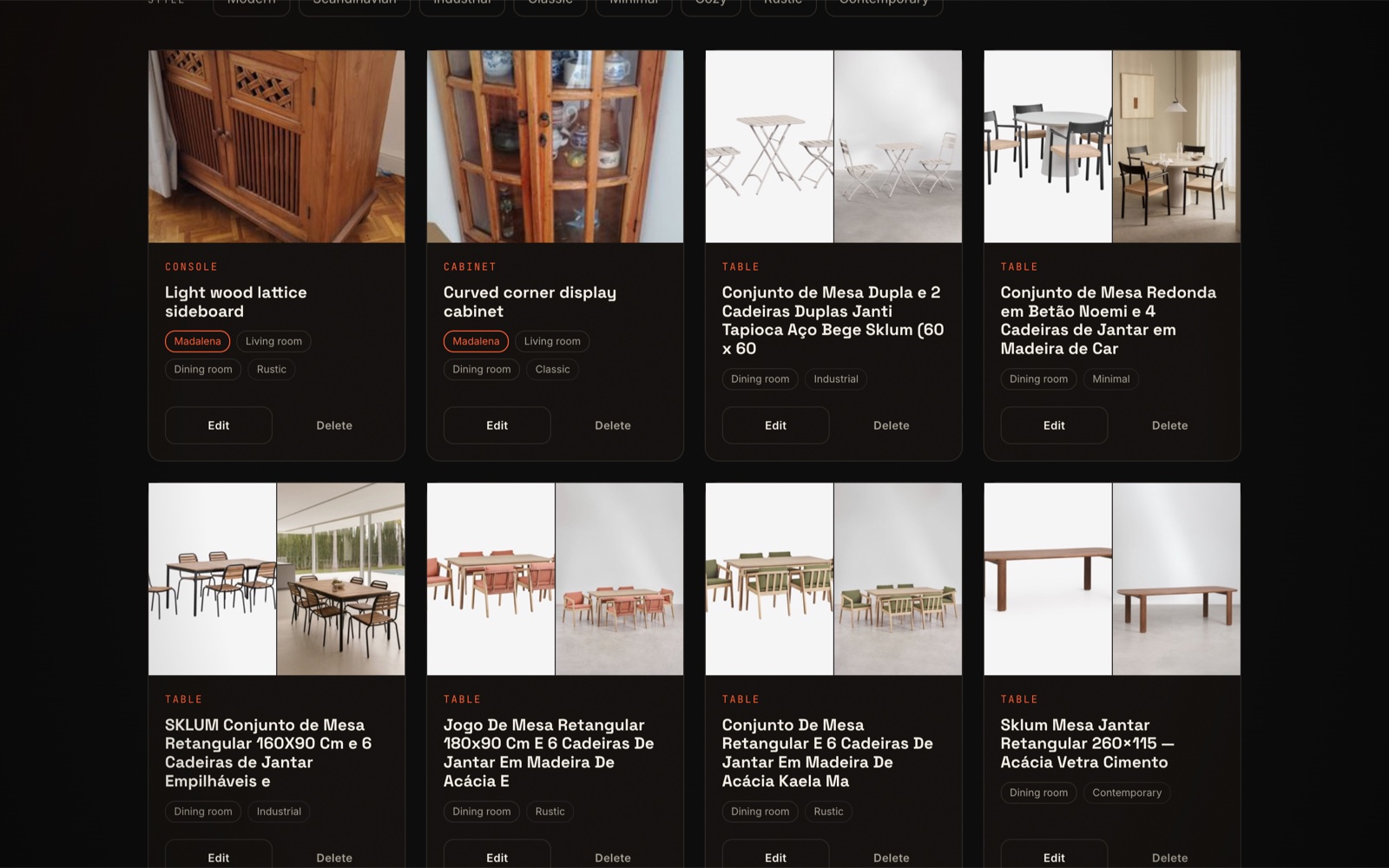 Product Catalog — the saved product library, filtered by room and style