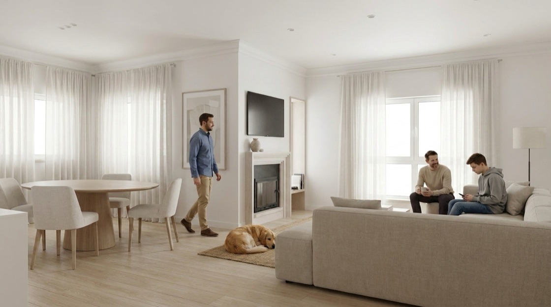 The exact same room, populated with people and a dog by Humanize