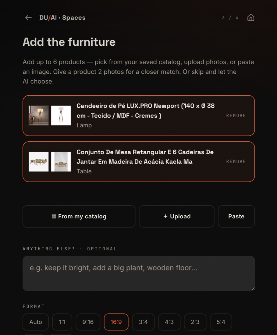 Spaces — picking real products from the catalogue before the render